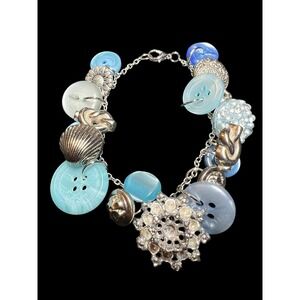 Button Charm Bracelet Vintage Buttons Blue White Light Blue Silver Tone Chain 8"